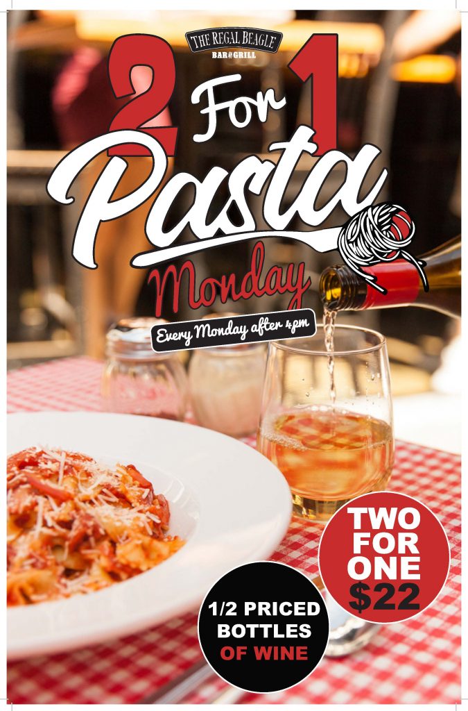 Image of pasta and a glass of wine on a checkered red and white table cloth with text on top: 2 for 1 pasta Monday. Two for one $22. Half price bottles of wine. Every Monday after 4pm.