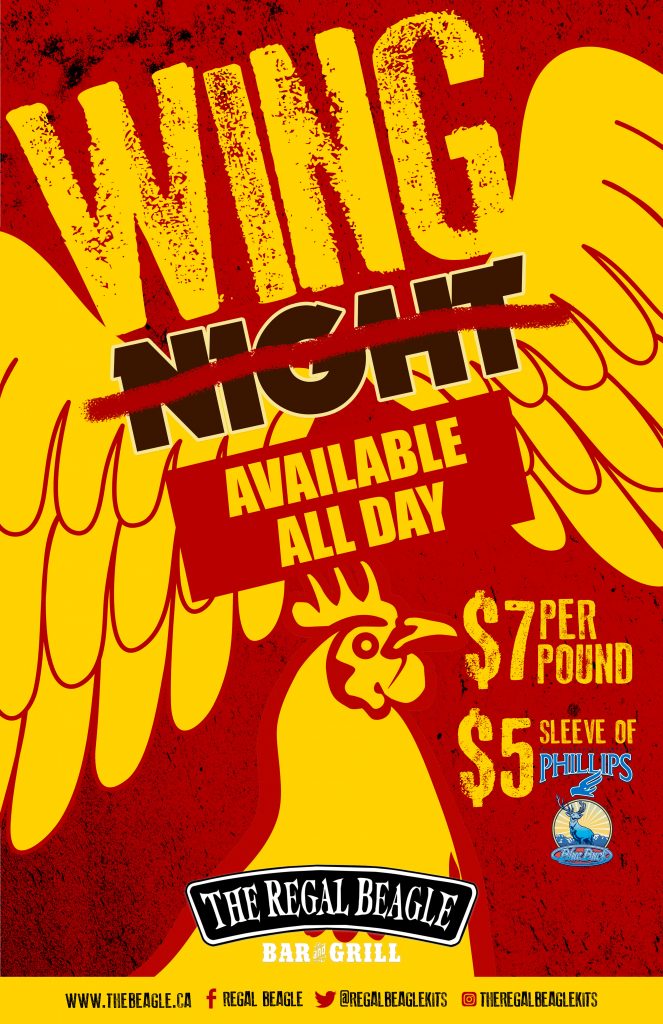 Red and yellow poster with a chicken and wings with text: Wing Night, Night is crossed out with available all day underneath. $7 per pound, $5.50 blue buck