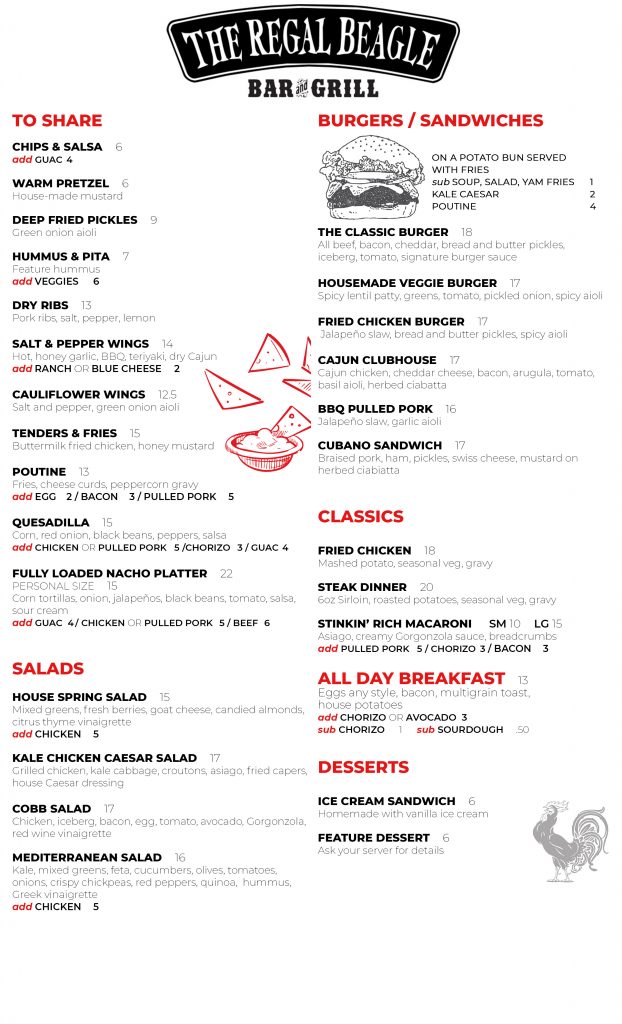 The Regal Beagle Food Menu Updated March 26th 2021